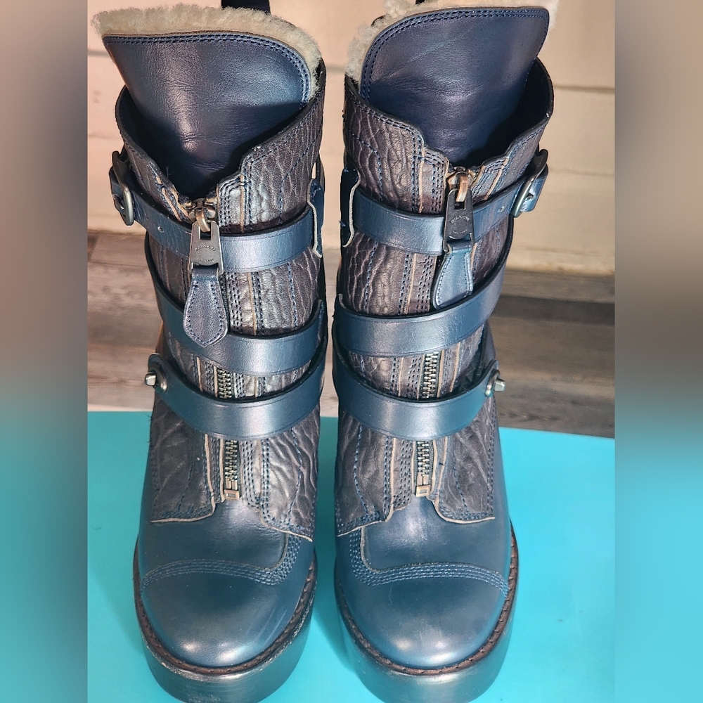 Coach combat boots style. Leather, Zipper, Belts, Color: Blue, Sz: 7 Women's